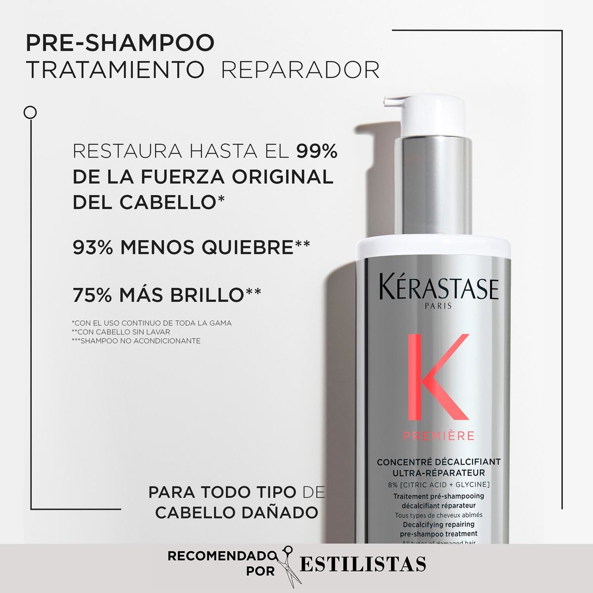 KERASTASE - Set Reparación cabello Premiere Concentré Décalcifiant Ultra-Réparateur 250ml + Shampoo Bain Décalcifiant Réparateur 250ml + Acondicionador Fondant Fluidité Réparateur 200ml Kérastase