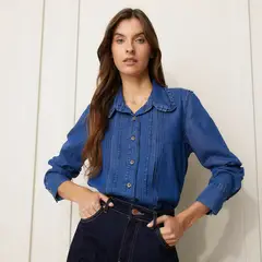 BASEMENT - Blusa Manga Larga Denim Mujer Algodón
