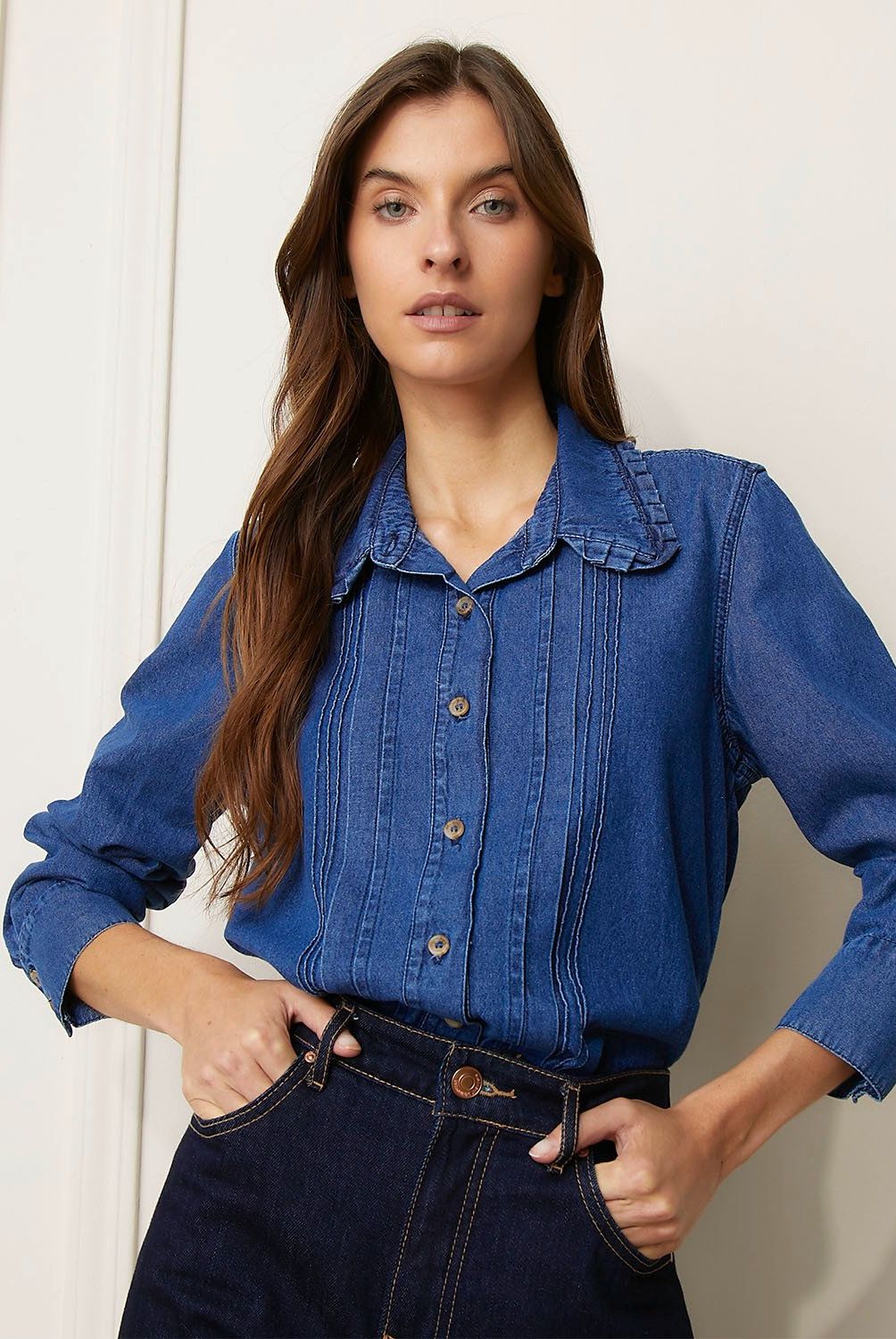 BASEMENT - Blusa Basement Manga Larga Denim Mujer Algodón