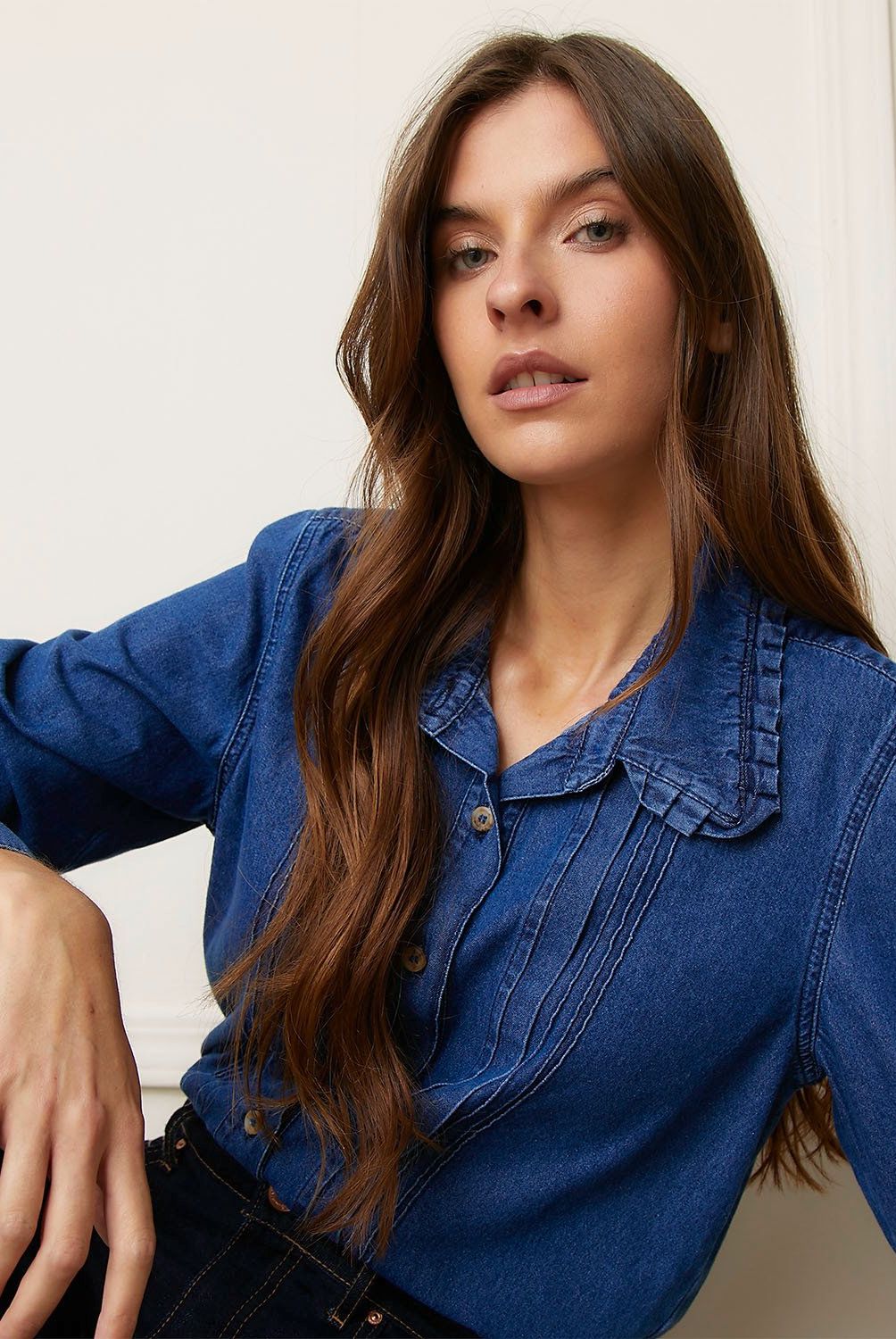 BASEMENT - Blusa Basement Manga Larga Denim Mujer Algodón