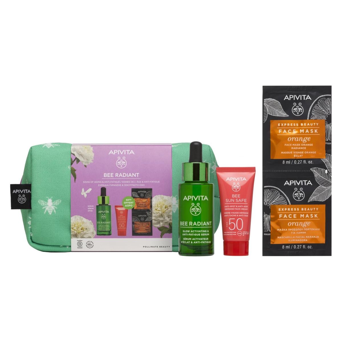 APIVITA - Set Antiedad BEE RADIANT Serum 30ml + BEE SUN SAFE Protector Solar Antiedad 15ml + Mascarilla con Naranja EXPRESS BEAUTY 8mlx2 Apivita