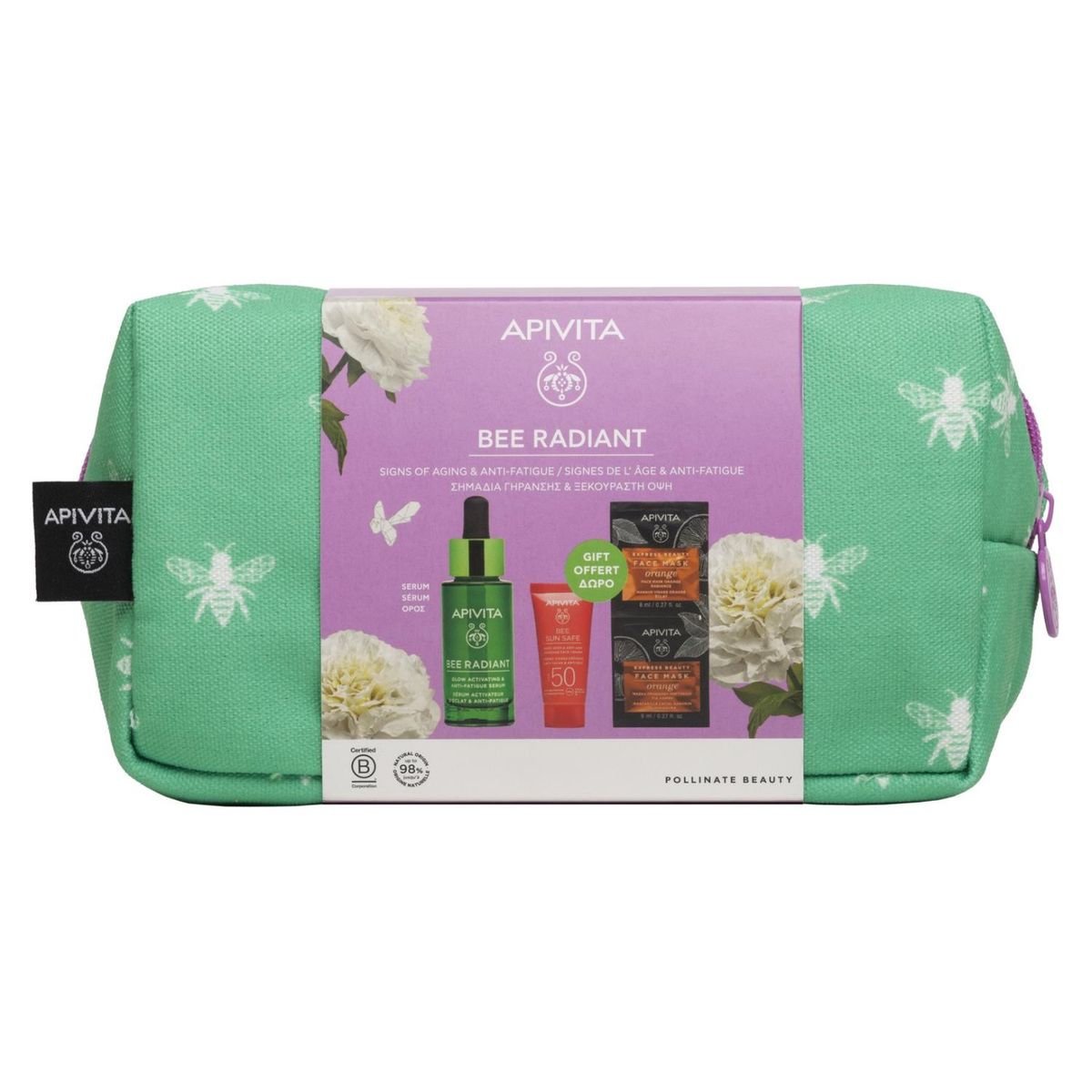 APIVITA - Set Antiedad BEE RADIANT Serum 30ml + BEE SUN SAFE Protector Solar Antiedad 15ml + Mascarilla con Naranja EXPRESS BEAUTY 8mlx2 Apivita
