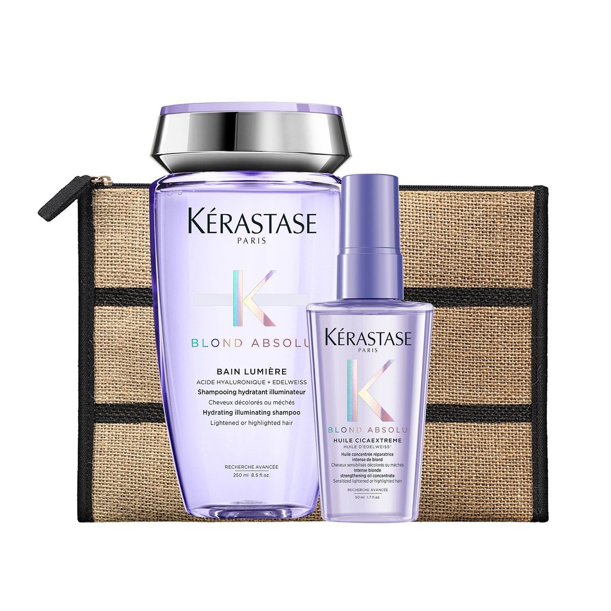 KERASTASE - Set Reparación Cabello Rubio o Decolorado Blond Absolu Shampoo Bain Blond Lumiere 250ml + Aceite Huile Cicaextreme 50ml Kérastase