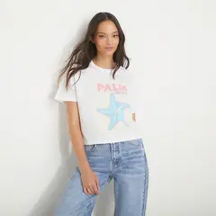 SYBILLA - Polera Cropped Algodón Estampada Manga Corta Mujer