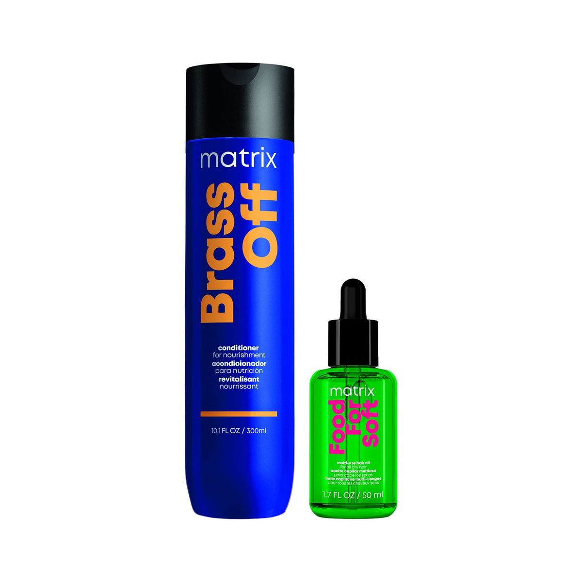 MATRIX - Set Shampoo Matizador Azul Cabello Castaño Brass Off 300ml + Aceite hidratante Food For Soft 50ml Matrix