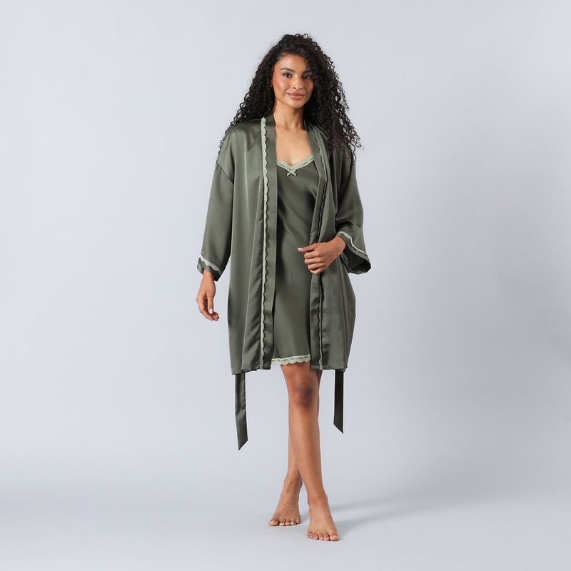FLORES - Bata Satin Encaje Midi Mujer Flores
