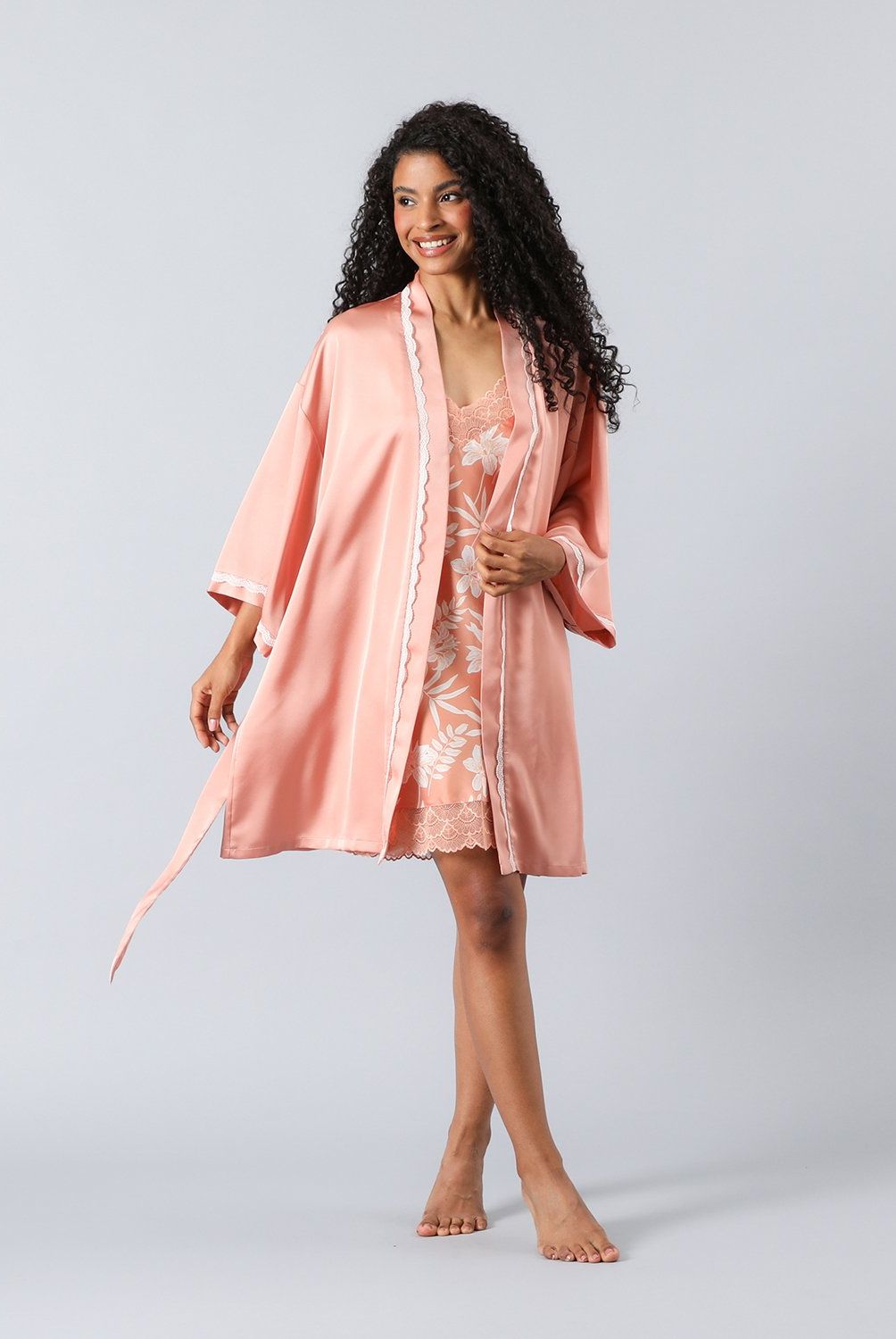 FLORES - Bata Satin Encaje Midi Mujer Flores
