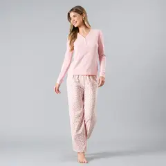 FLORES - Pijama Polera Rib Con Pata Y Broche Mujer