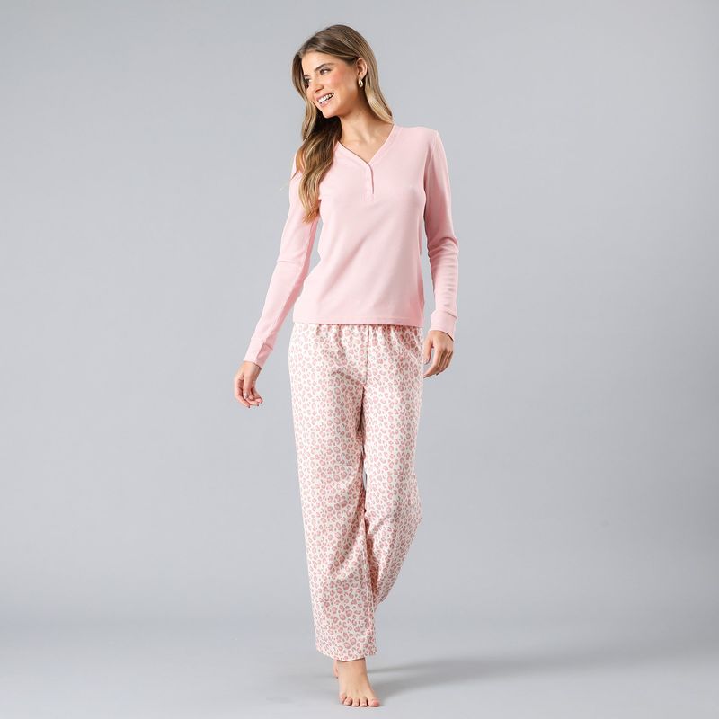 FLORES - Pijama Polera Rib Con Pata Y Broche Mujer Flores