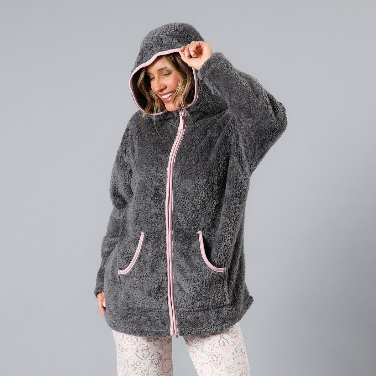 FLORES - Poleron Coralfleece Con Gorro Mujer Flores