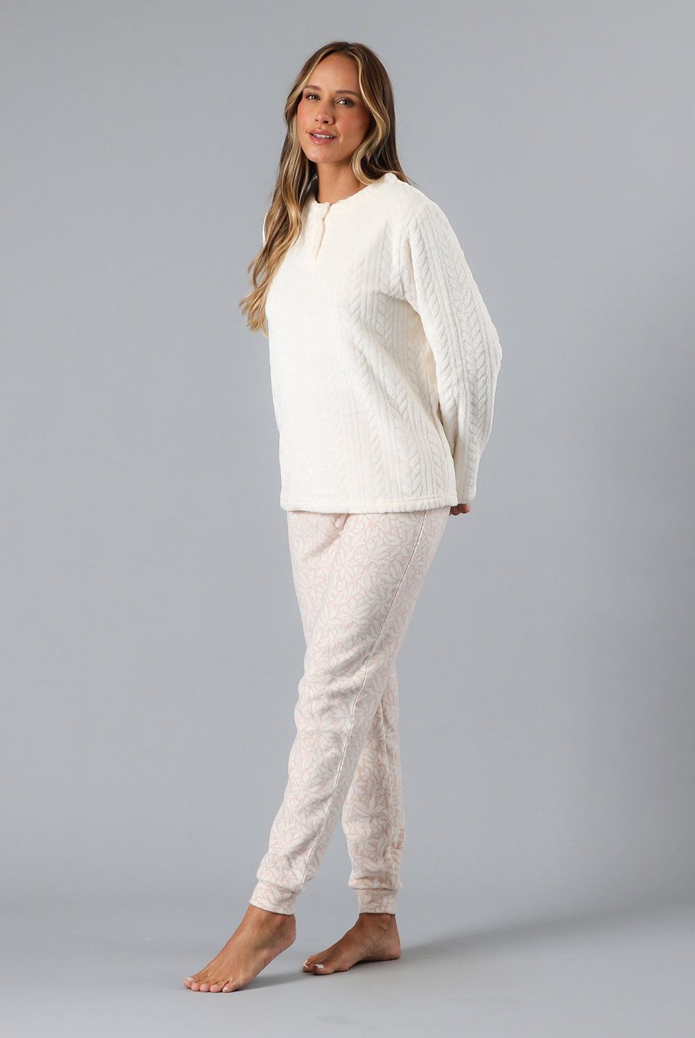 FLORES - Pijama Cuello Abotonado Coral/Micro Flee Mujer Flores