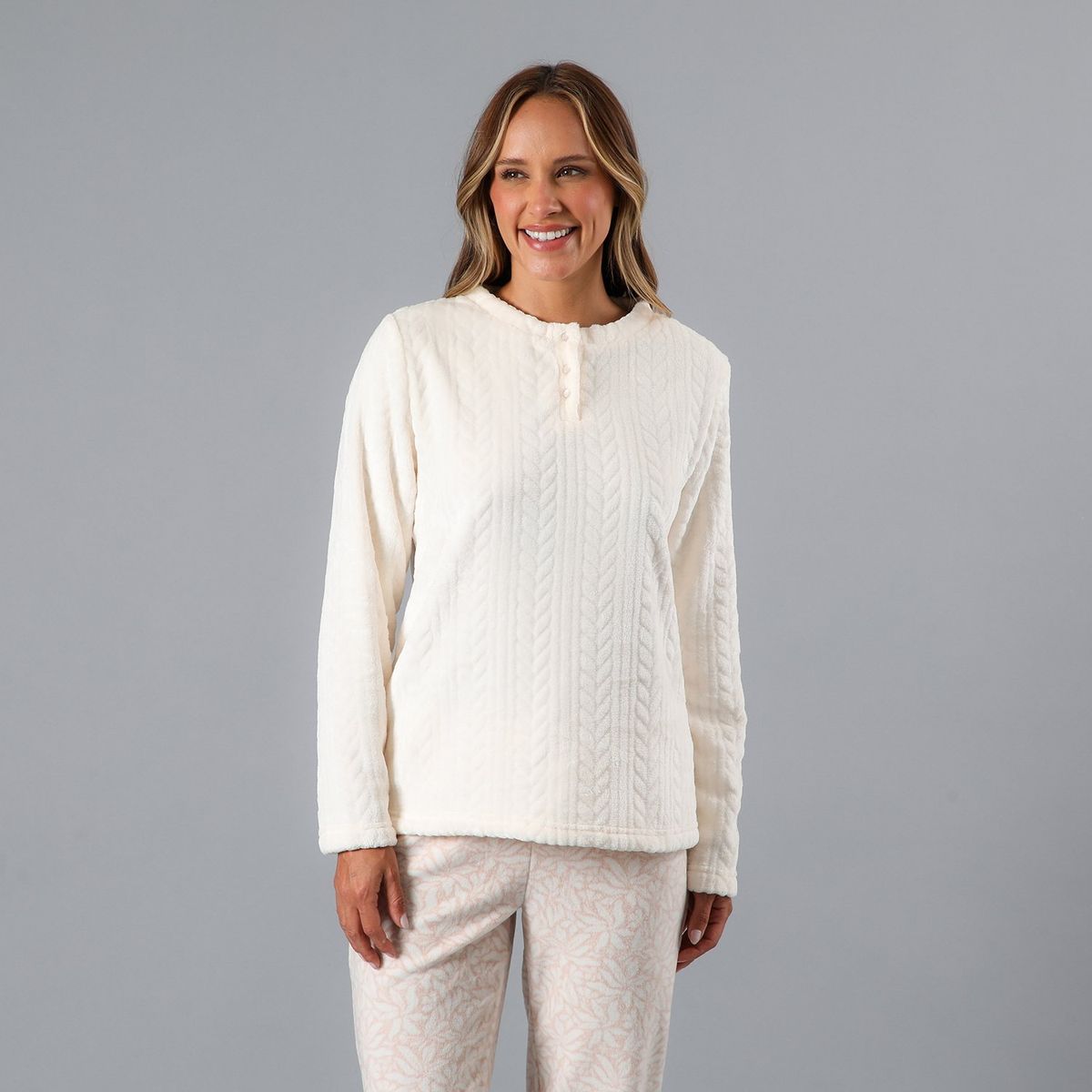 FLORES - Pijama Cuello Abotonado Coral/Micro Flee Mujer Flores