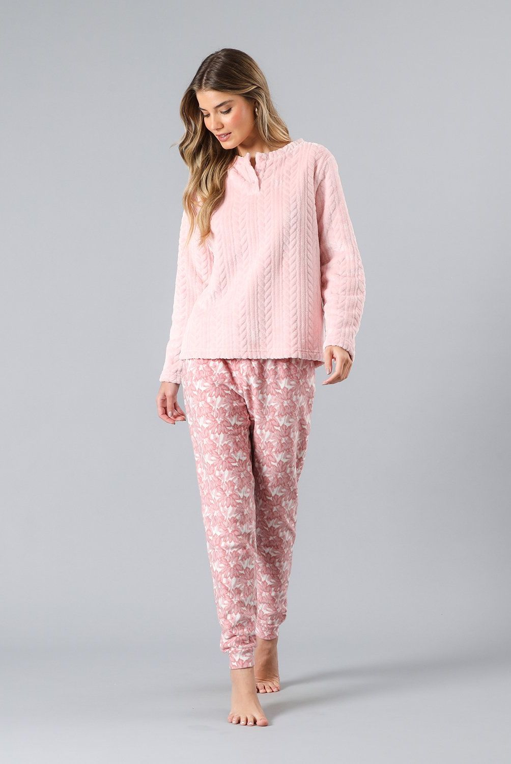 FLORES - Pijama Cuello Abotonado Coral/Micro Flee Mujer Flores