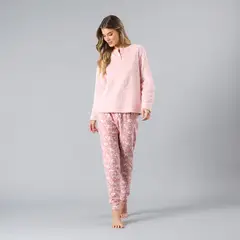 FLORES - Pijama Cuello Abotonado Coral/Micro Flee Mujer