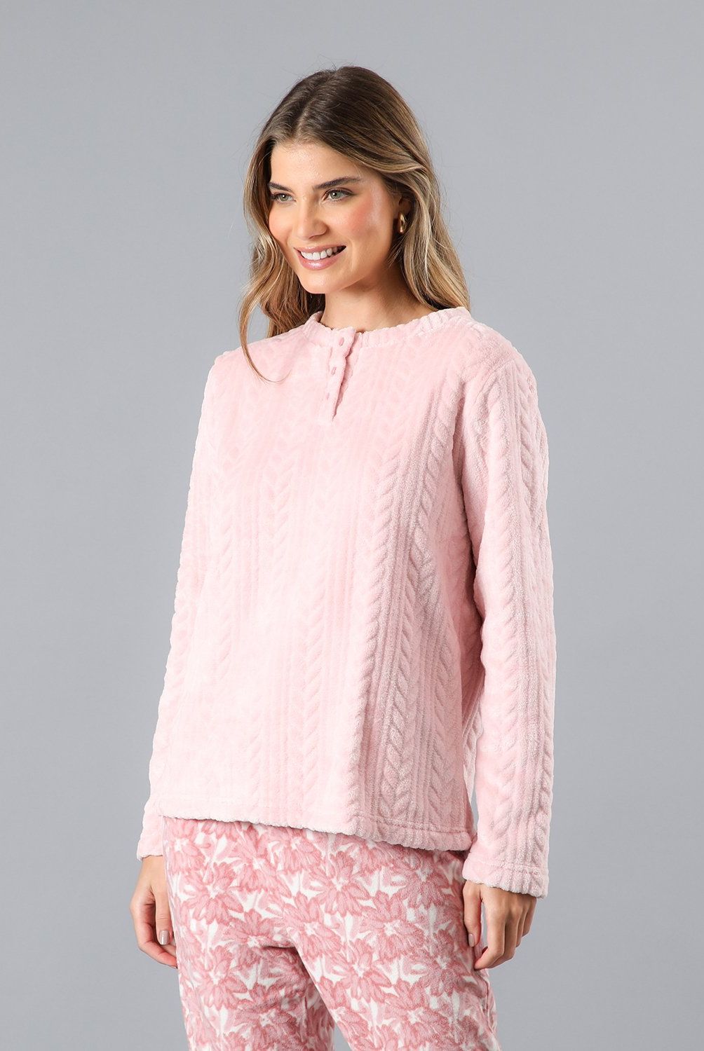 FLORES - Pijama Cuello Abotonado Coral/Micro Flee Mujer Flores