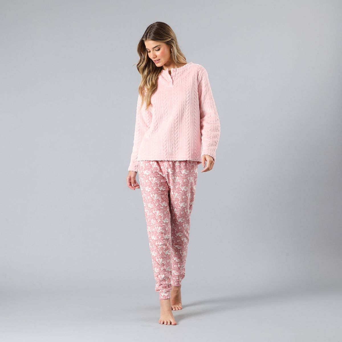 FLORES - Pijama Cuello Abotonado Coral/Micro Flee Mujer Flores