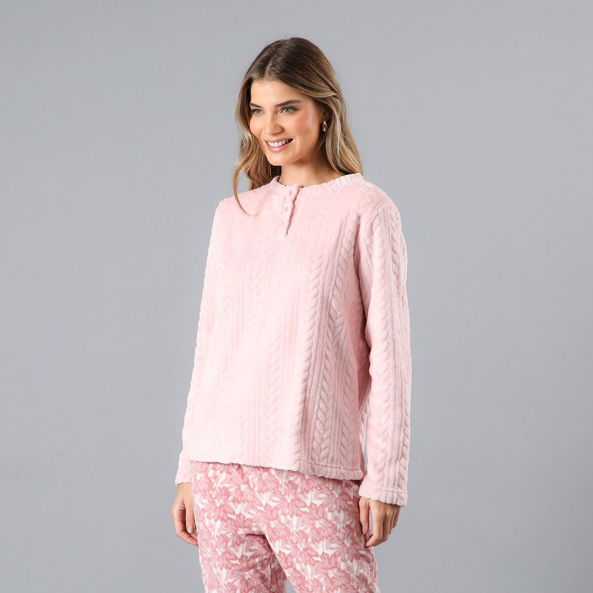 FLORES - Pijama Cuello Abotonado Coral/Micro Flee Mujer Flores