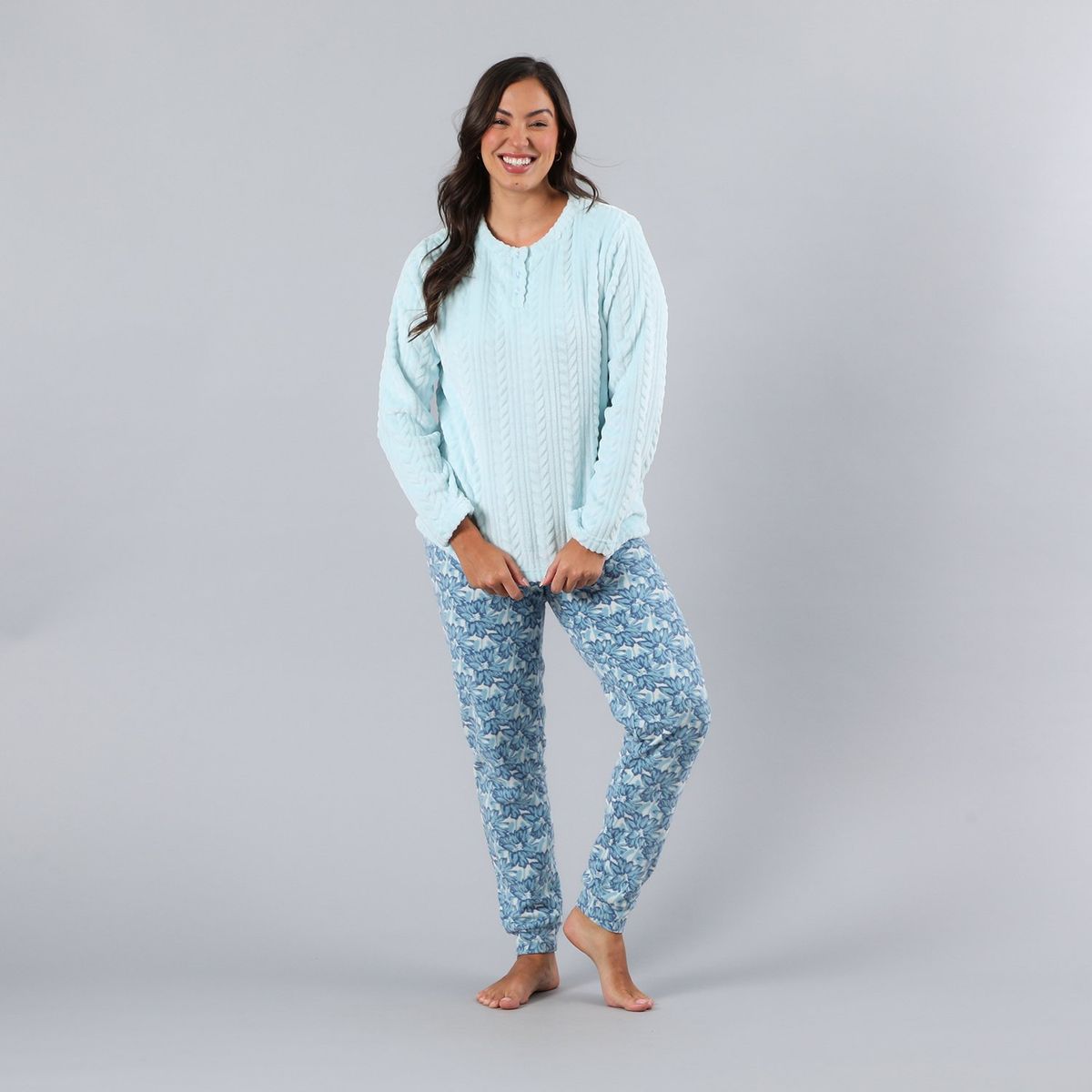 FLORES - Pijama Cuello Abotonado Coral/Micro Flee Mujer Flores