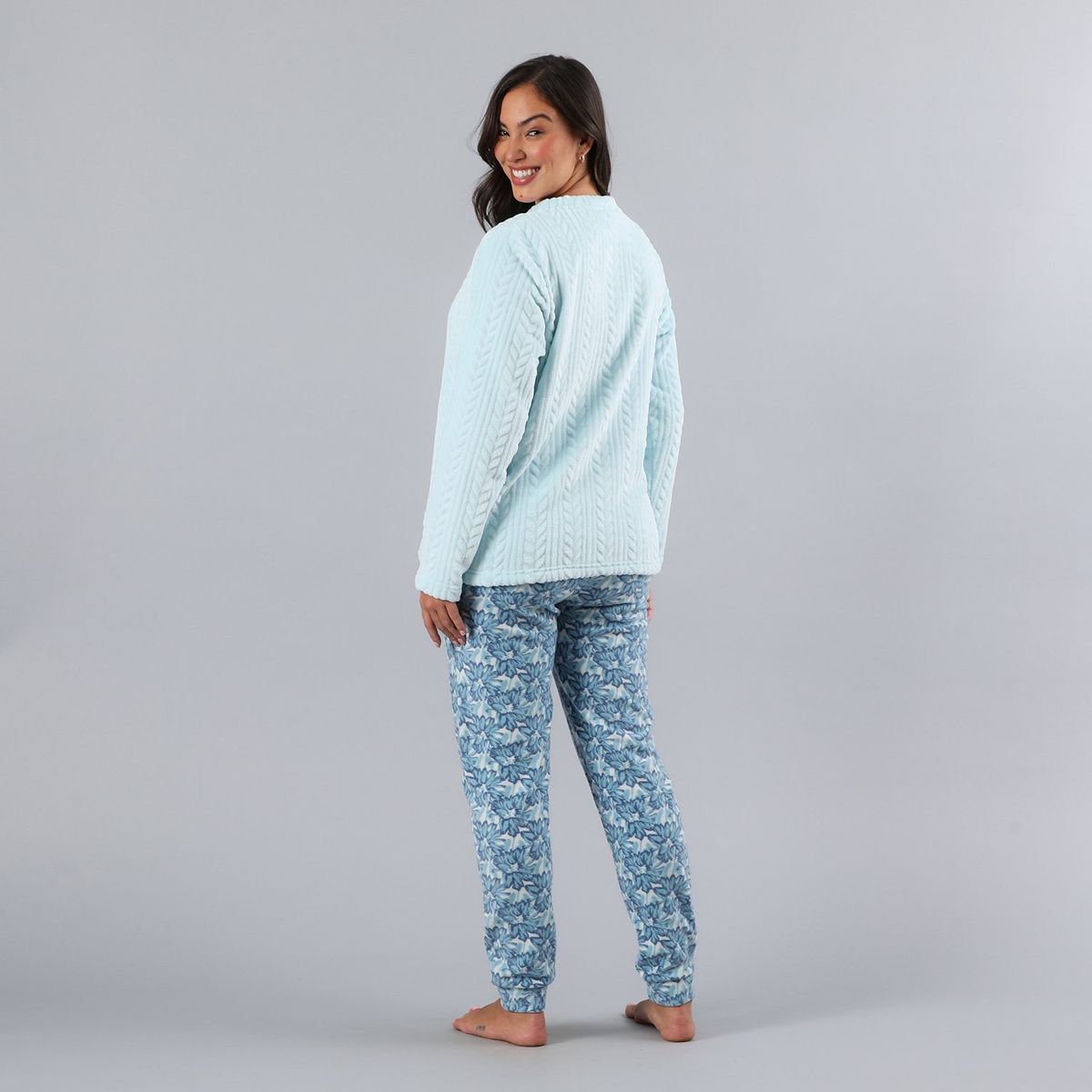 FLORES - Pijama Cuello Abotonado Coral/Micro Flee Mujer Flores