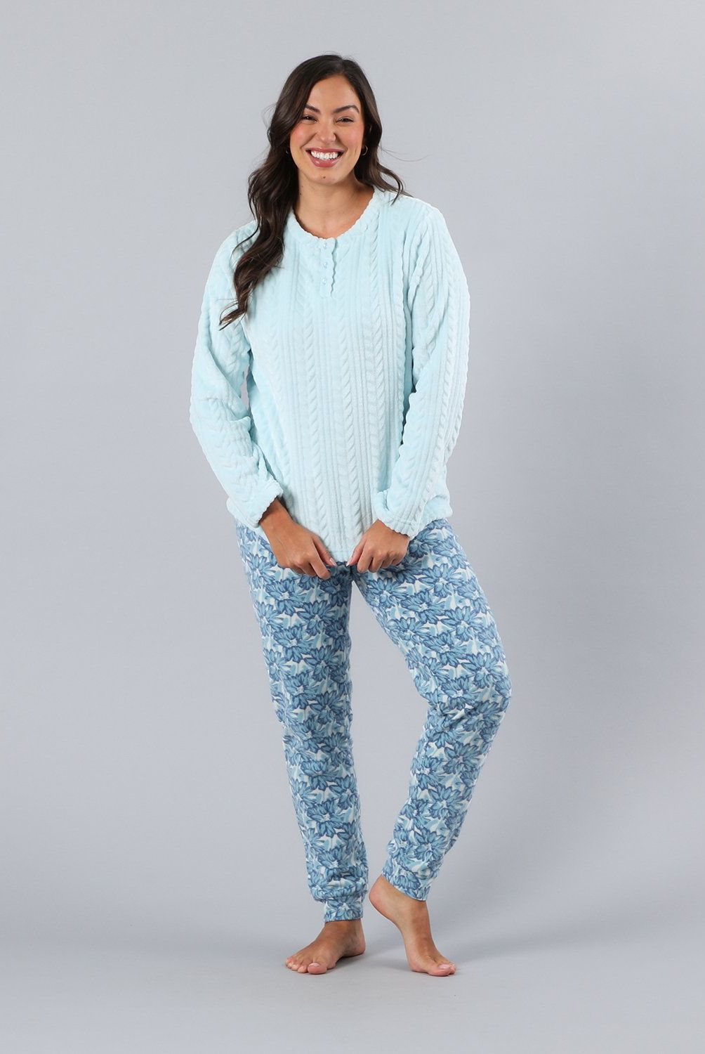 FLORES - Pijama Cuello Abotonado Coral/Micro Flee Mujer Flores