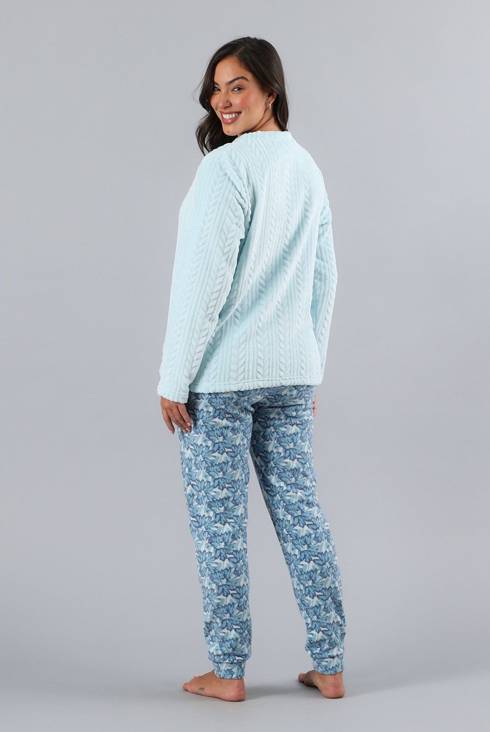 FLORES - Pijama Cuello Abotonado Coral/Micro Flee Mujer Flores