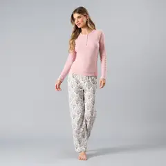 FLORES - Pijama Polera Rib Con Pata Y Broche Mujer