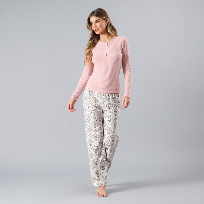 FLORES - Pijama Polera Rib Con Pata Y Broche Mujer Flores