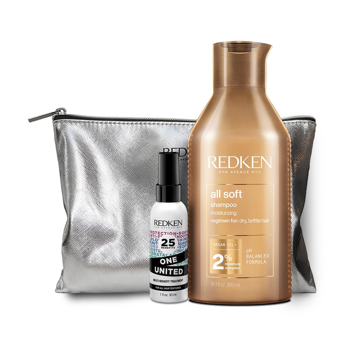 REDKEN - Set Hidratante Cabello Seco Shampoo All Soft 300ml + Spray Multibeneficios One United 30ml Redken