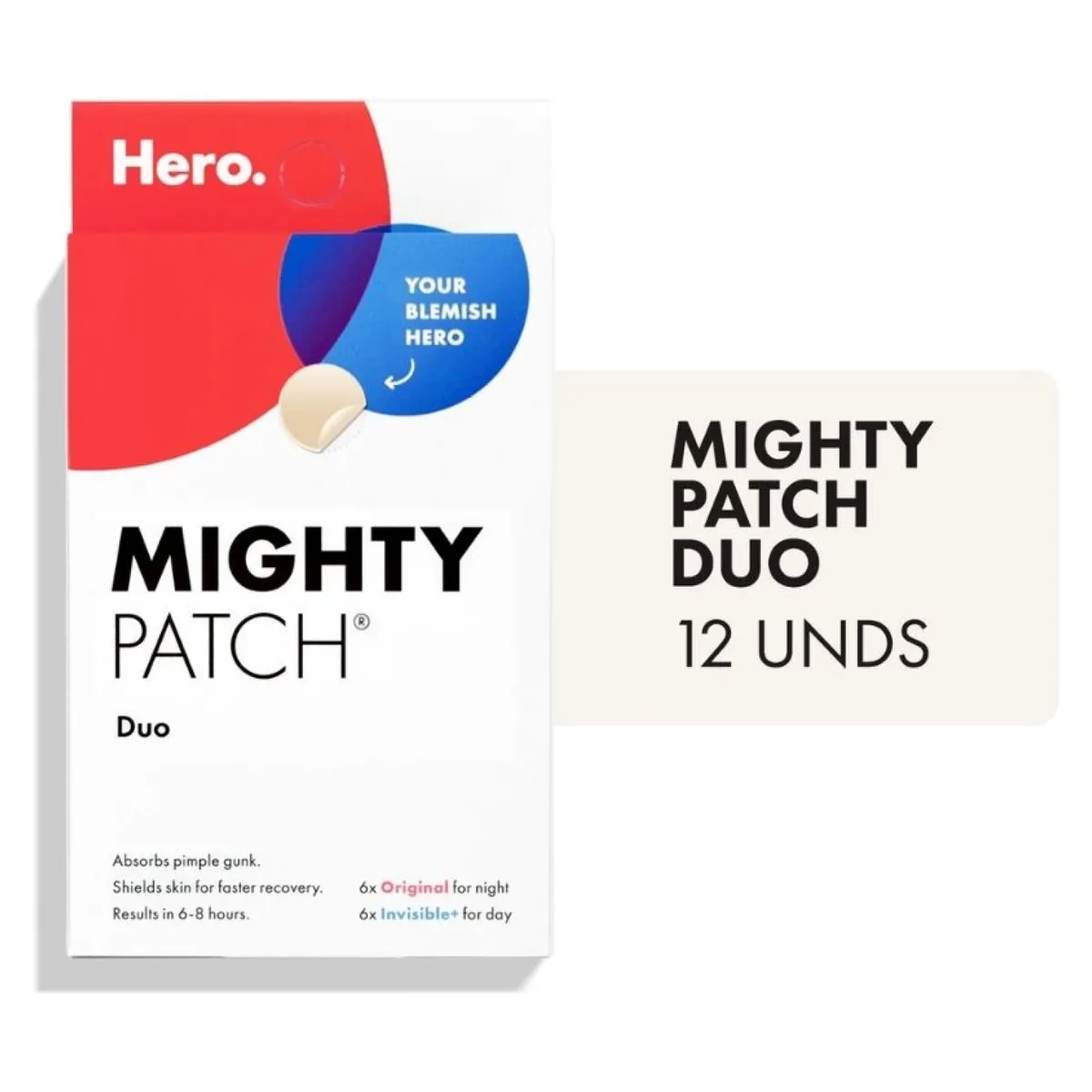 HERO - Parche Antiacné Hidrocoloide Mighty Patch Duo 12 Unidades Hero
