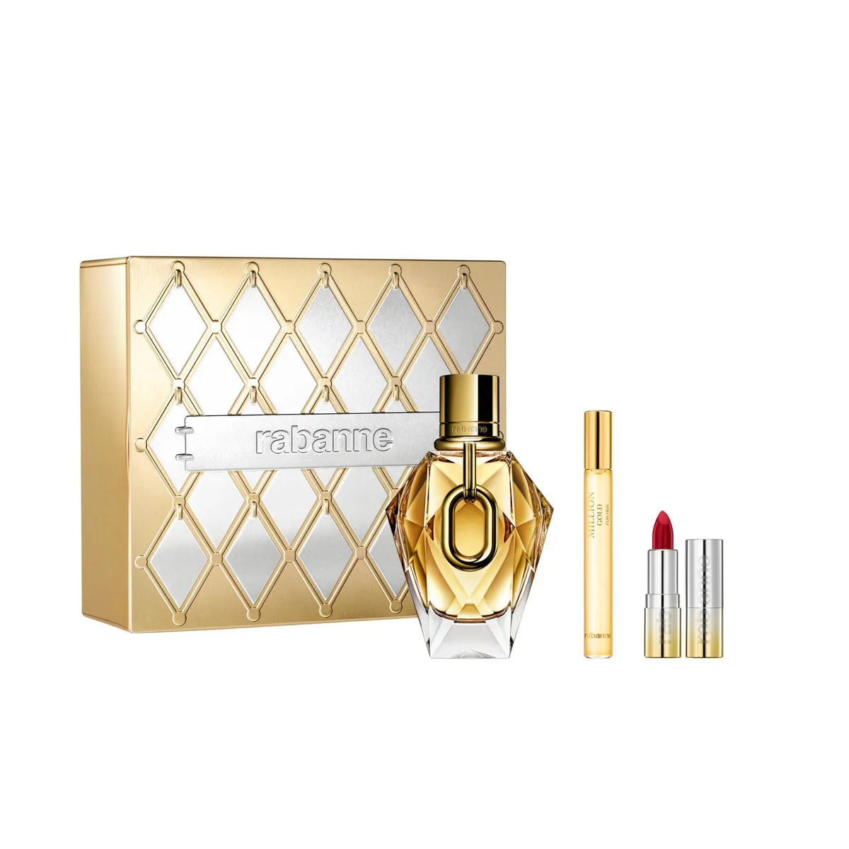 RABANNE - Set Million Gold For Her Eau De Parfum Refillable 90 Ml + 10 Ml + Dramalips Shiny Lipstick First Red Carpet 687 Rabanne