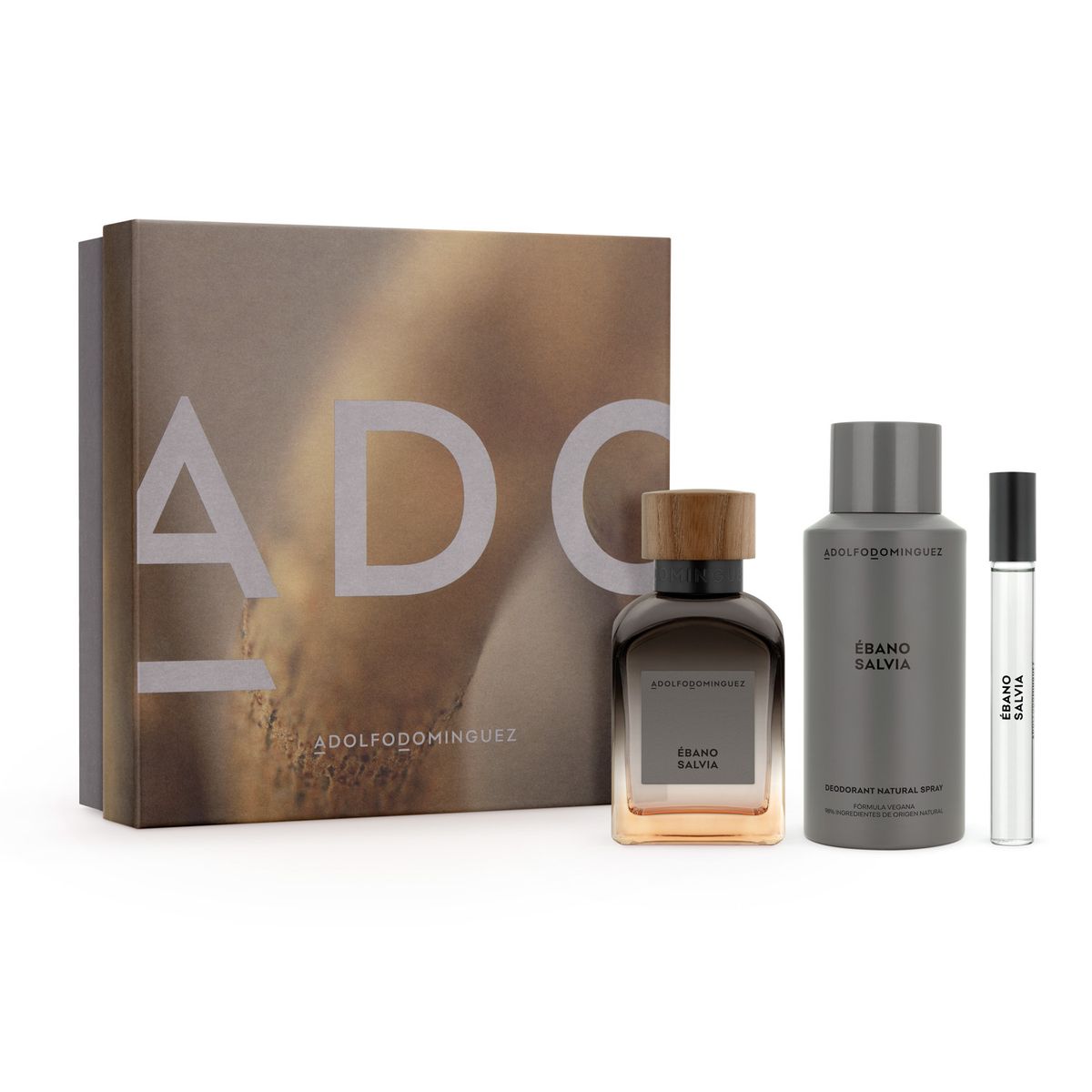 ADOLFO DOMINGUEZ - Set Regalo Adolfo Dominguez Perfume Hombre Ébano Salvia EDP 120Ml + Desodorante 150Ml + Megaspritzer 10Ml Adolfo Dominguez
