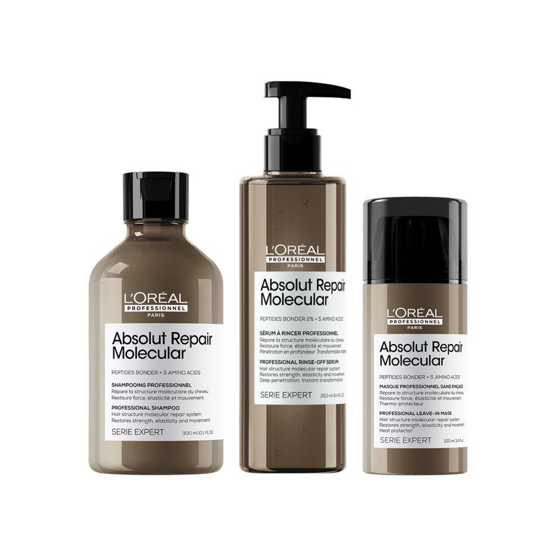 LOREAL PROFESSIONNEL - Set Profesional Reparación Molecular Shampoo 300ml + Sérum 250ml + Leave-in 100ml Absolut Repair Molecular