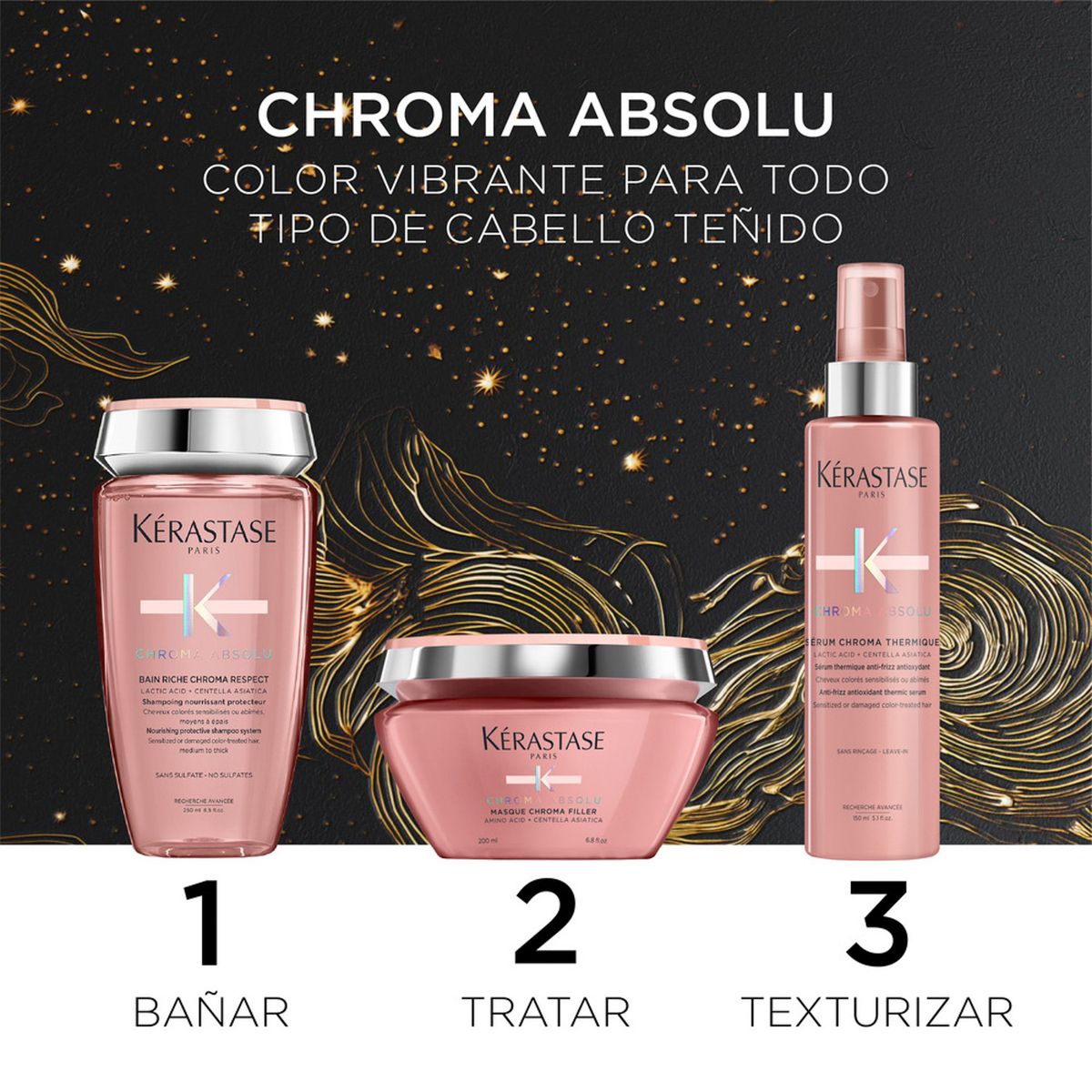 KERASTASE - Cofre Cuidado Del Color Shampoo + Máscara + Texturizante Para Cabello Fino a Medio Chroma Absolu