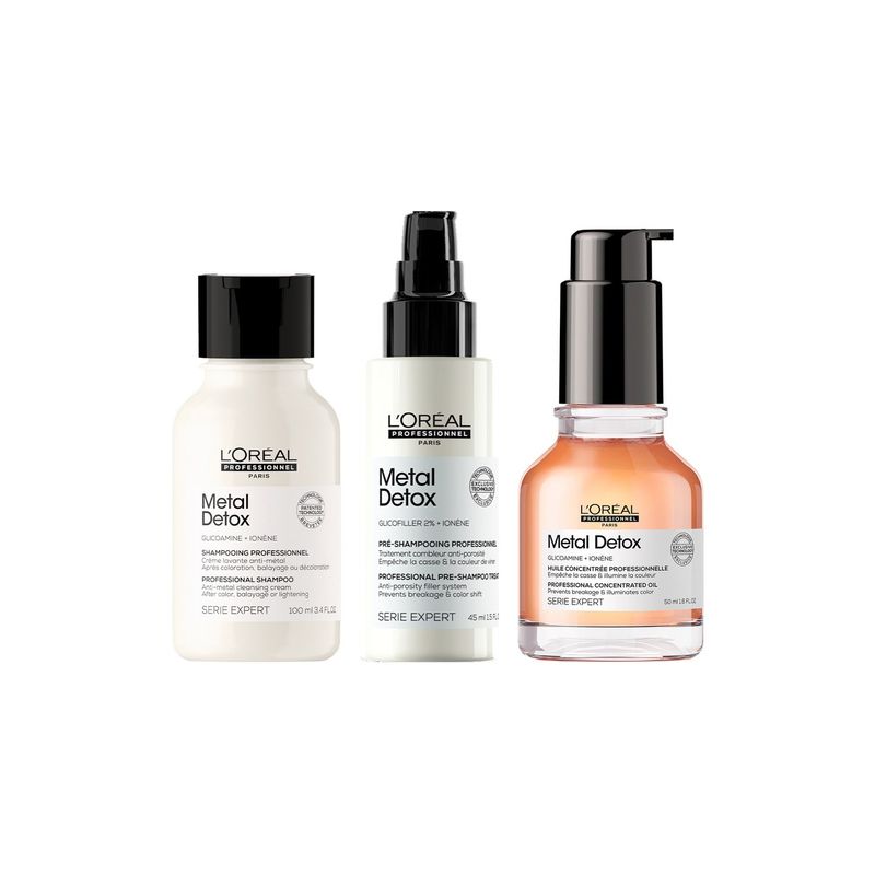 LOREAL PROFESSIONNEL - Set Profesional Anti-Quiebre Aceite Concentrado 50ml + Pre Shampoo 45ml + Shampoo 100ml Metal Detox