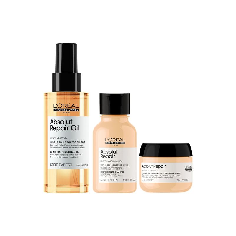 LOREAL PROFESSIONNEL - Set Profesional Reparación Y Nutrición Aceite 90Ml + Shampoo 100Ml + Máscara 75Ml Absolut Repair Loreal Professionnel