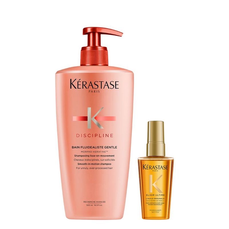 KERASTASE - Set Anti-Frizz Shampoo 500ml + Aceite 50ml para Cabello Rebelde e Indisciplinado Discipline Kérastase