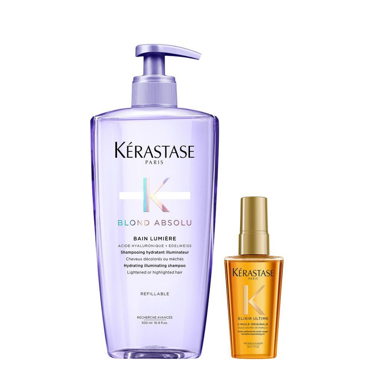 KERASTASE - Set Hidratante e Iluminador Shampoo 500ml + Aceite 50ml para Cabello Rubio o Decolorado Blond Absolu Kérastase
