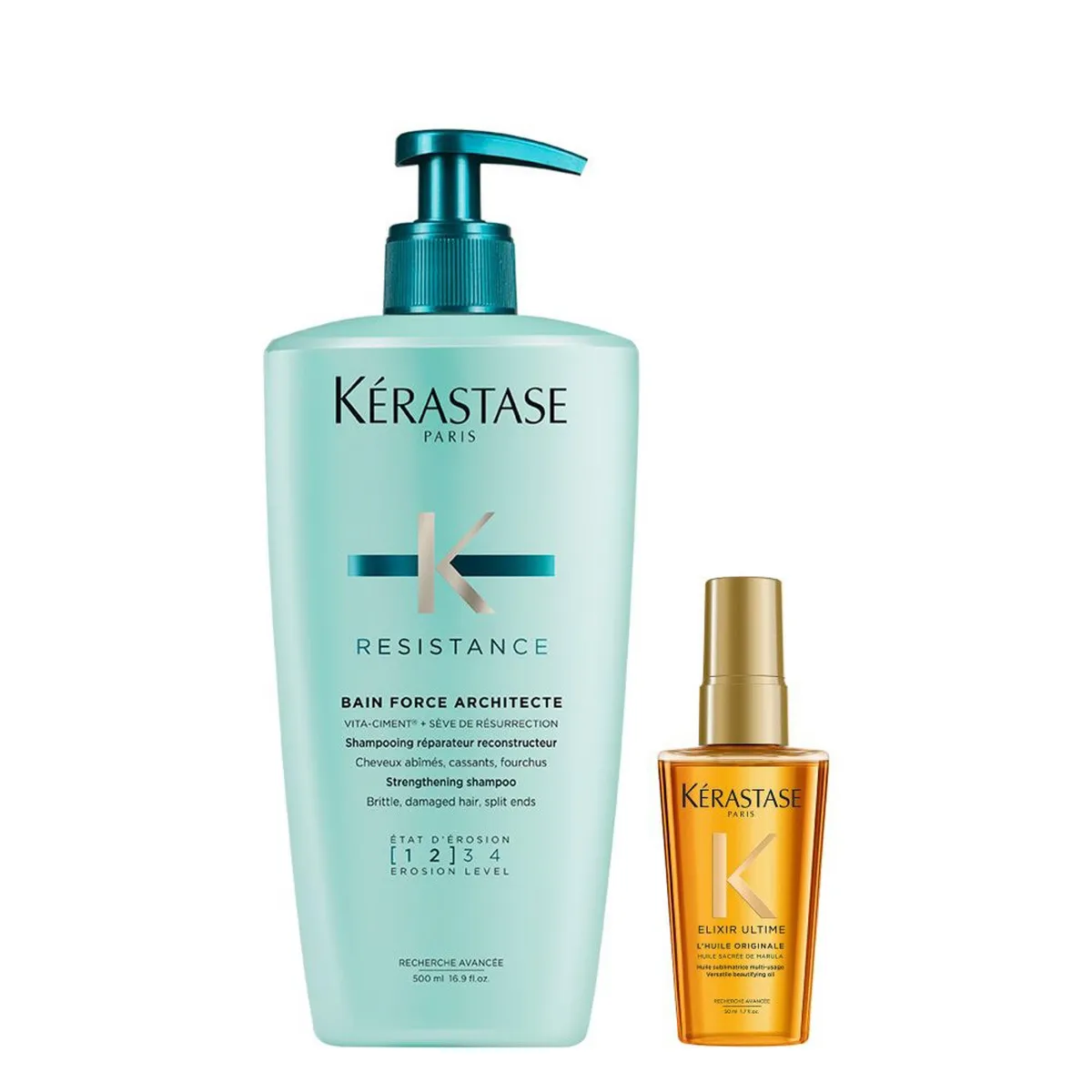 KERASTASE - Set Reparación Shampoo 500 Ml + Aceite 50 Resistance Para Cabello Dañado Kérastase