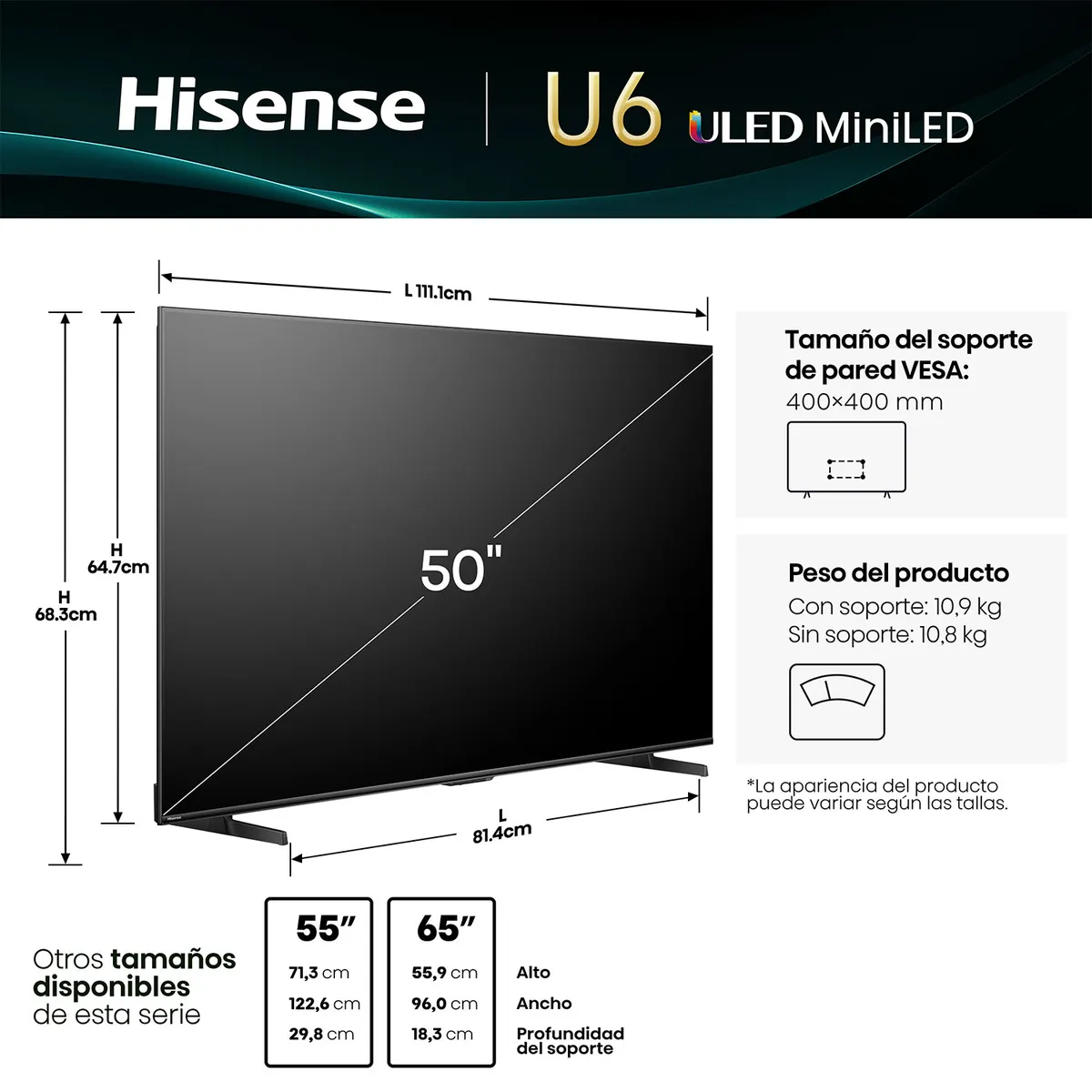 HISENSE - Smart TV MiniLed 50" 50U6QV 4K Hisense