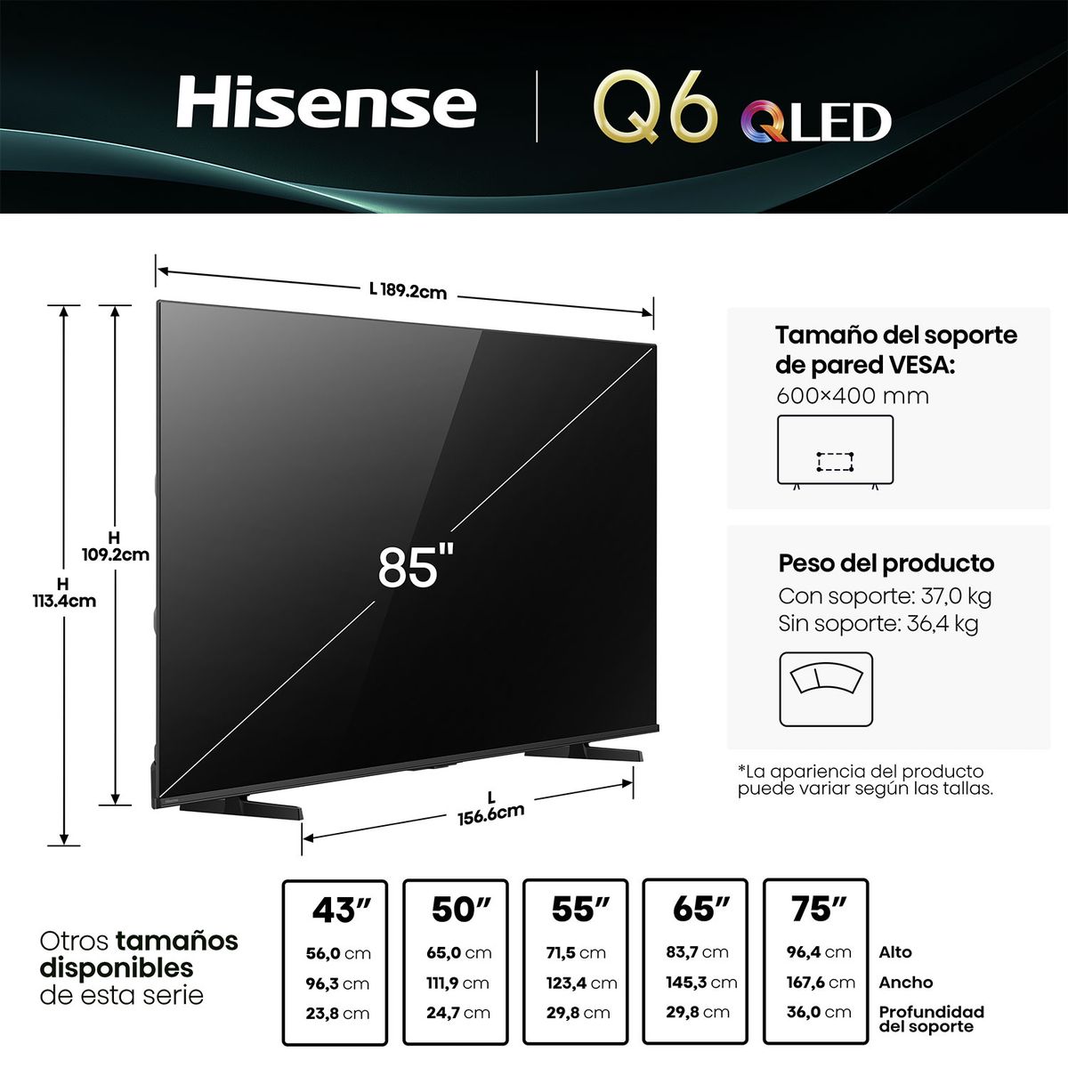 HISENSE - Smart Tv 85" QLED 4K UHD 85Q6QV Hisense