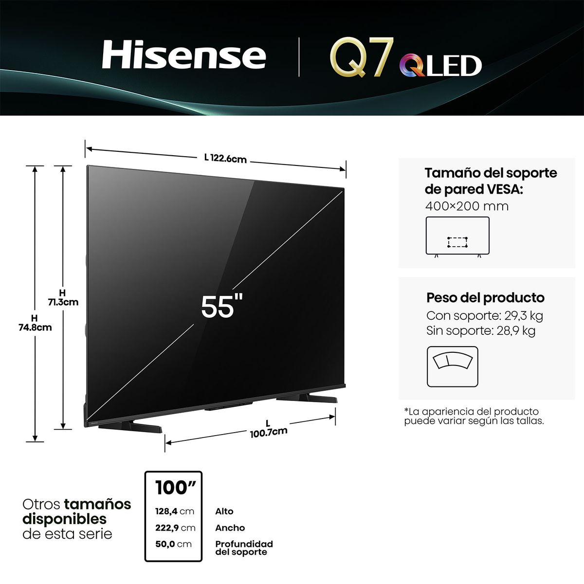 HISENSE - Smart Tv 55" QLED 4K UHD GOOGLE TV Gamer 144HZ 55Q7QG Hisense