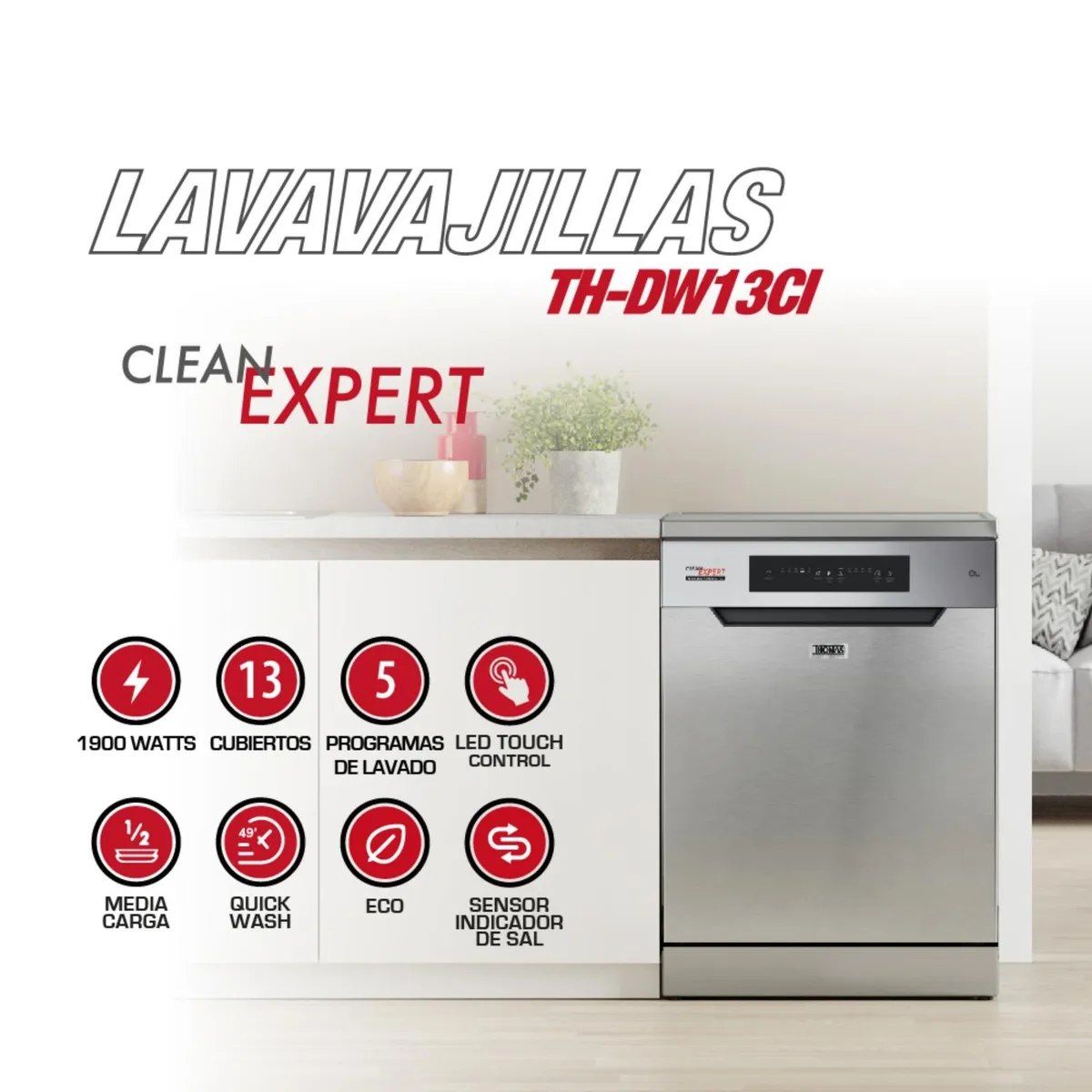 THOMAS - Lavavajillas 13 Cubiertos Inox Silver TH-DW13CI Thomas