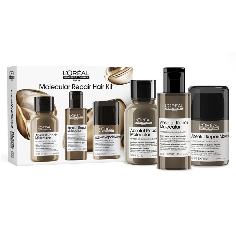 LOREAL PROFESSIONNEL - Mini Set Profesional Reparación Molecular Shampoo 100Ml + Sérum 75Ml + Leave-In 50Ml Absolut Repair Molecular