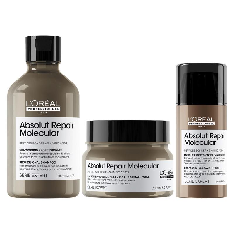 LOREAL PROFESSIONNEL - Set Profesional Reparación Molecular Shampoo 300ml + Máscara 250ml + Leave-in 100ml Absolut Repair Molecular