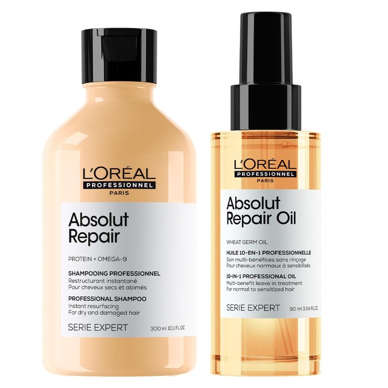 LOREAL PROFESSIONNEL - Set Profesional Reparación y Nutrición Shampoo 300ml + Aceite 90ml Absolut Repair