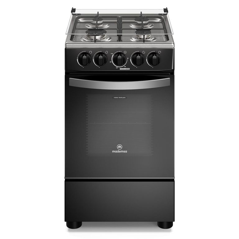 MADEMSA Cocina a Gas 4 Platos LimpiaFácil y Tapa Cubierta Vidrio FM4LP Negra