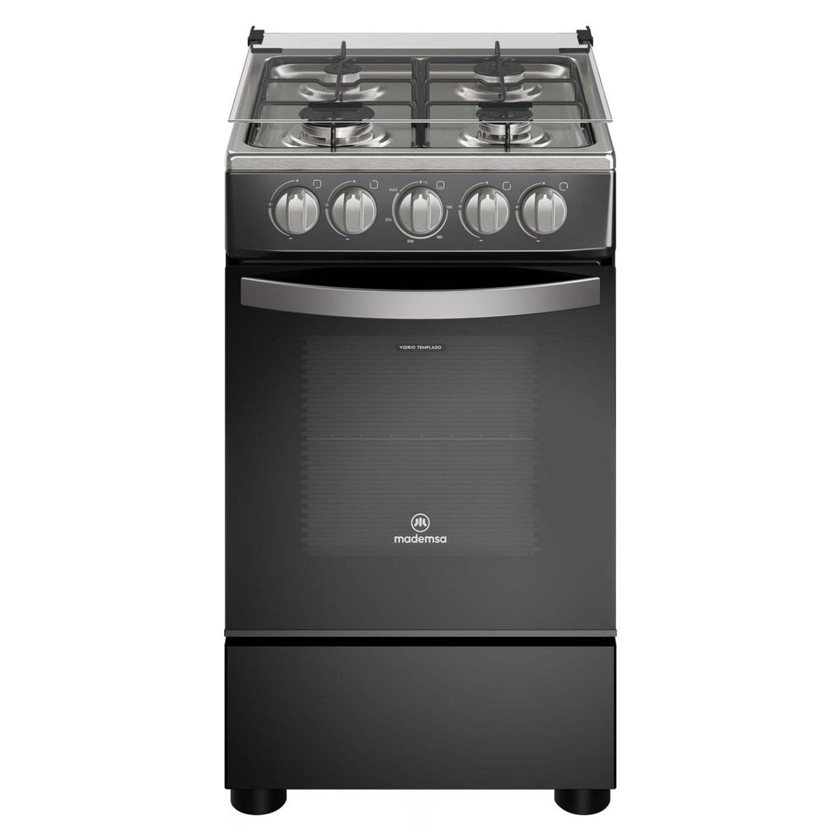 MADEMSA - Cocina a Gas 4 Platos Mademsa LimpiaFácil y Tapa Cubierta Vidrio FM4LP Negra