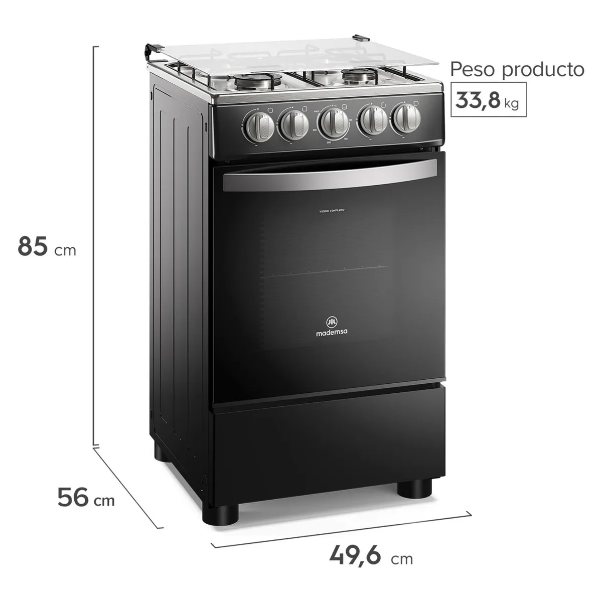 MADEMSA - Cocina a Gas 4 Platos Mademsa LimpiaFácil y Tapa Cubierta Vidrio FM4LP Negra