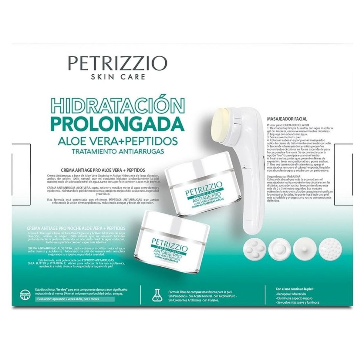 PETRIZZIO - Masajeador Facial 5 Piezas intercambiables + Crema Día y Crema Noche Petrizzio