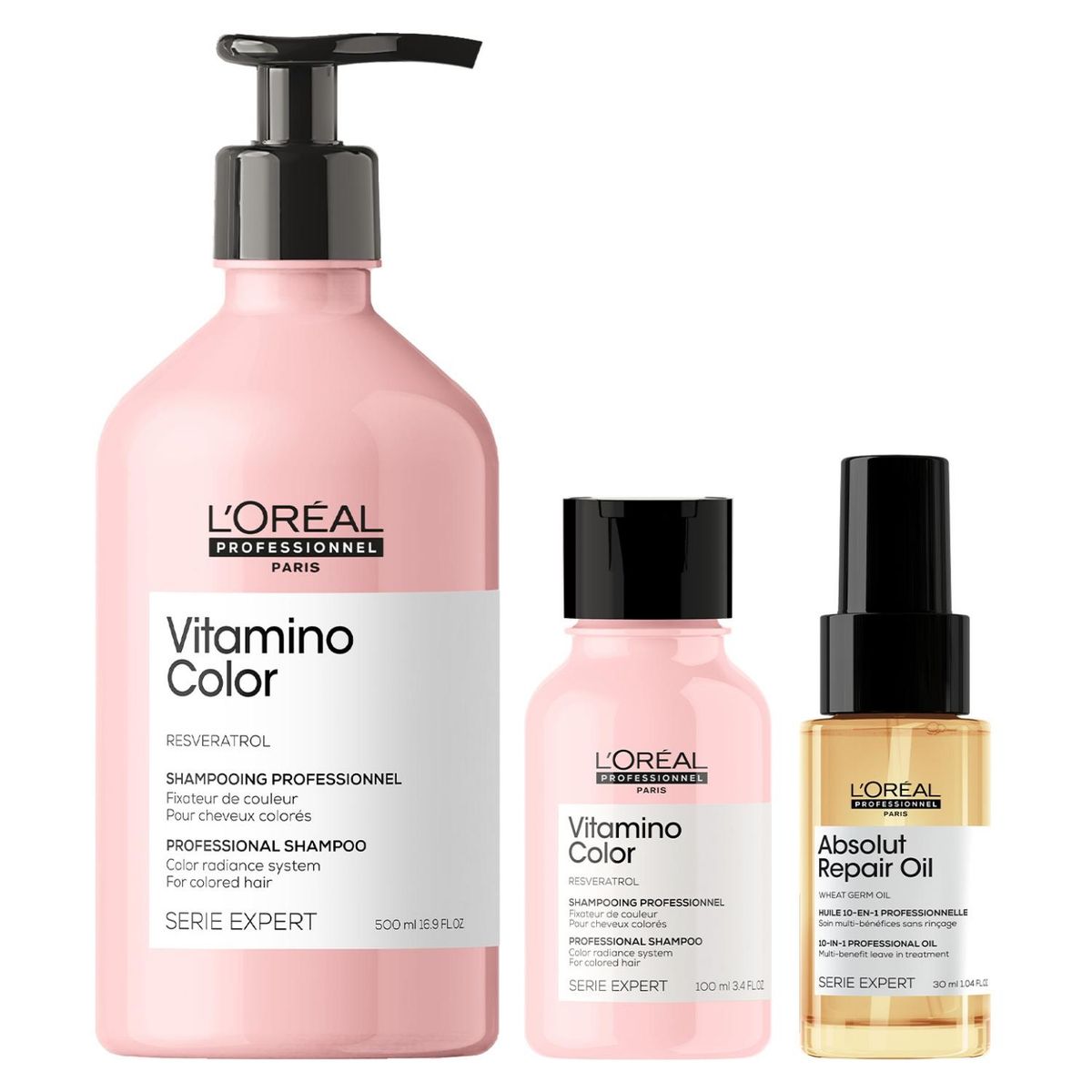 LOREAL PROFESSIONNEL - Set Profesional Cuidado Del Color Shampoo 500Ml + Shampoo 100Ml Vitamino Color + Aceite 30Ml Absolut Repair Loreal Professionnel